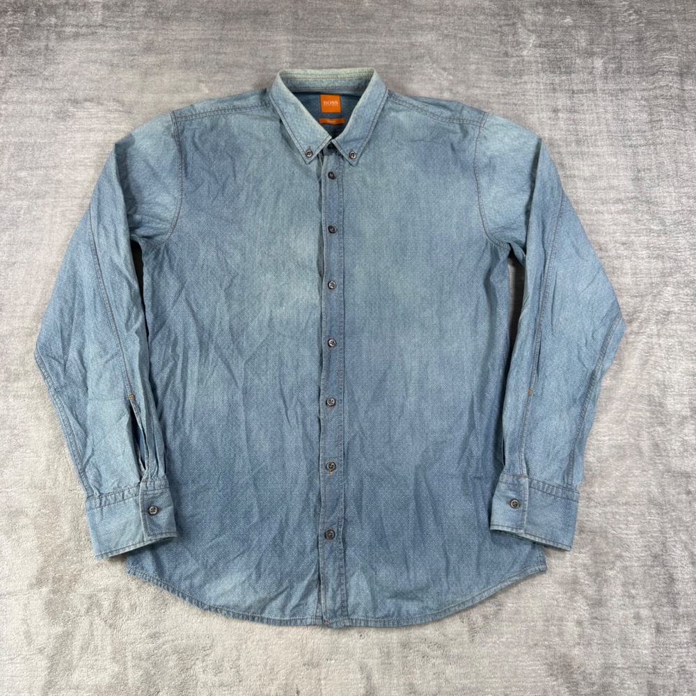 Hugo Boss Orange Shirt Mens Large Blue Slim Fit Micro Dot Chambray Button Down